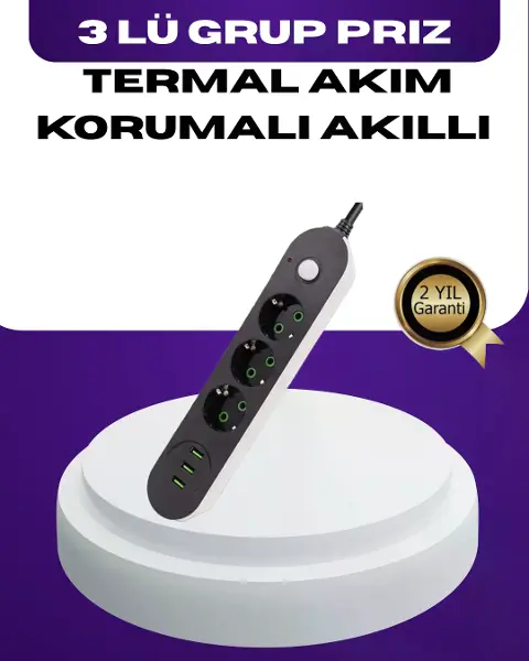 USB Yuvalı Anahtarlı Üçlü Priz 2 Metre Kablolu