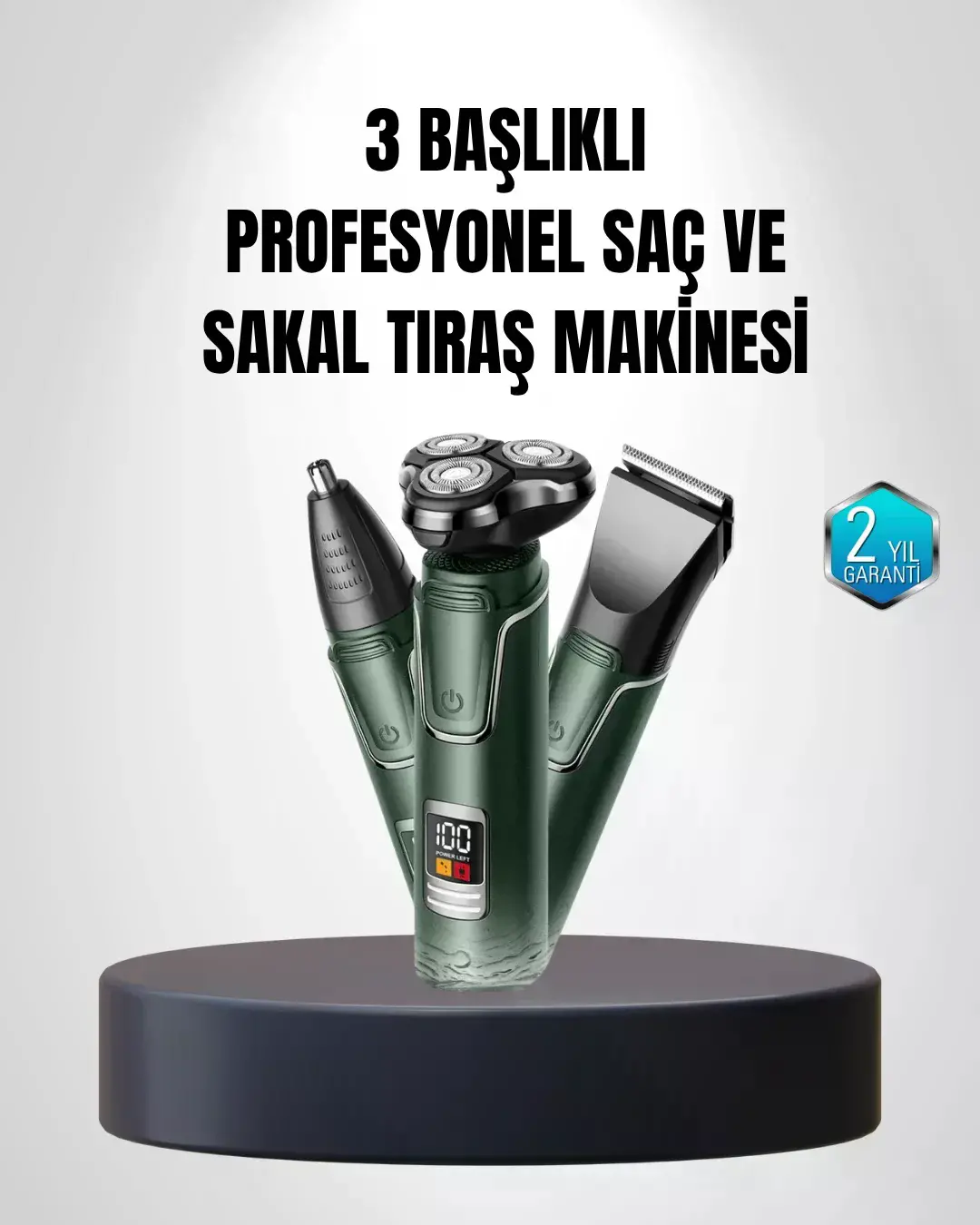 3D Akıllı Kesim Teknolojili Şarjlı Tıraş Seti – 3 Başlıklı, Paslanmaz Çelik Bıçaklı
