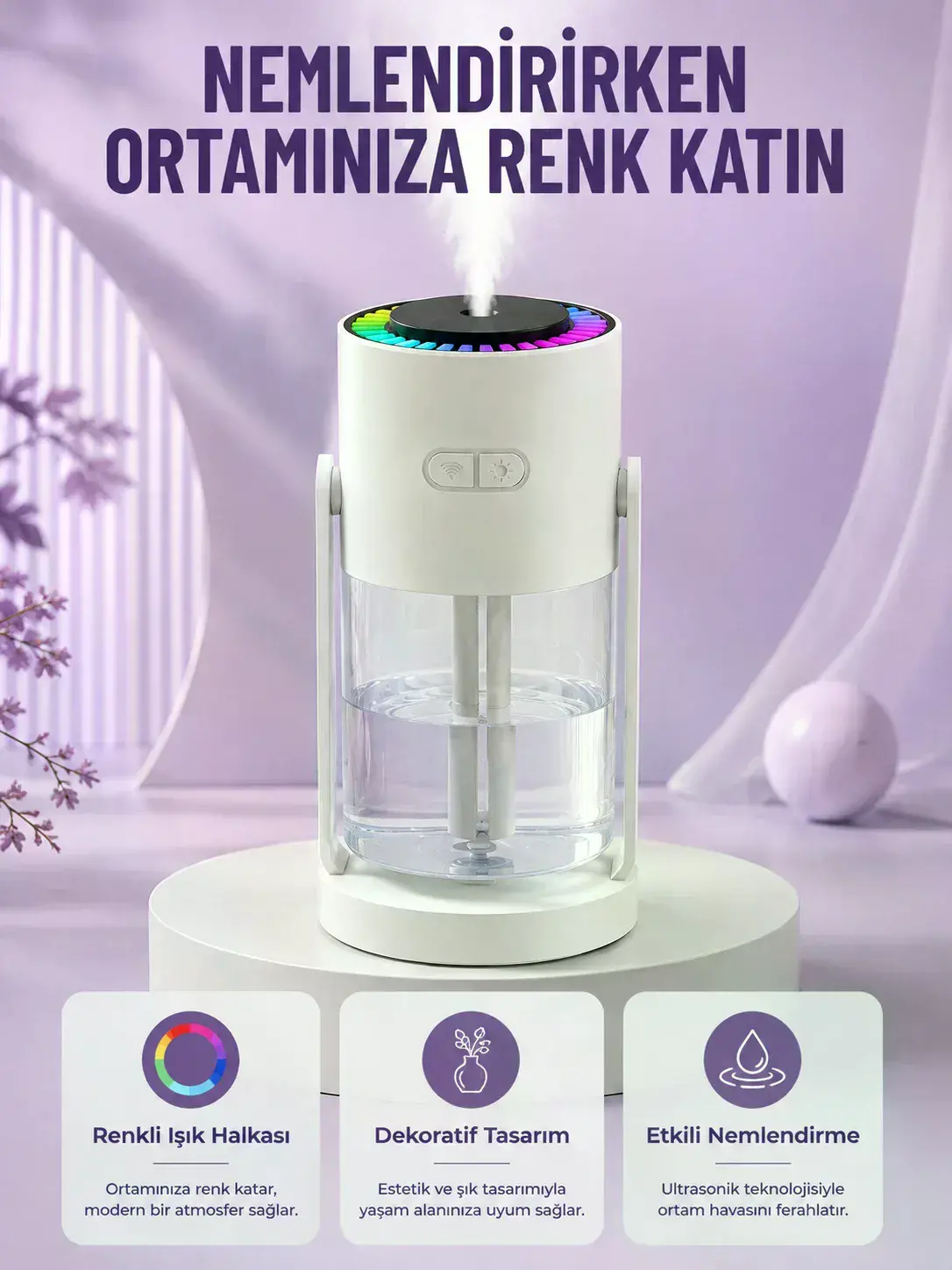 Sessiz Hava Nemlendirici Renkli Gece Işıklı Otomatik Kapanma Özellikli Nemlendirme Cihazı