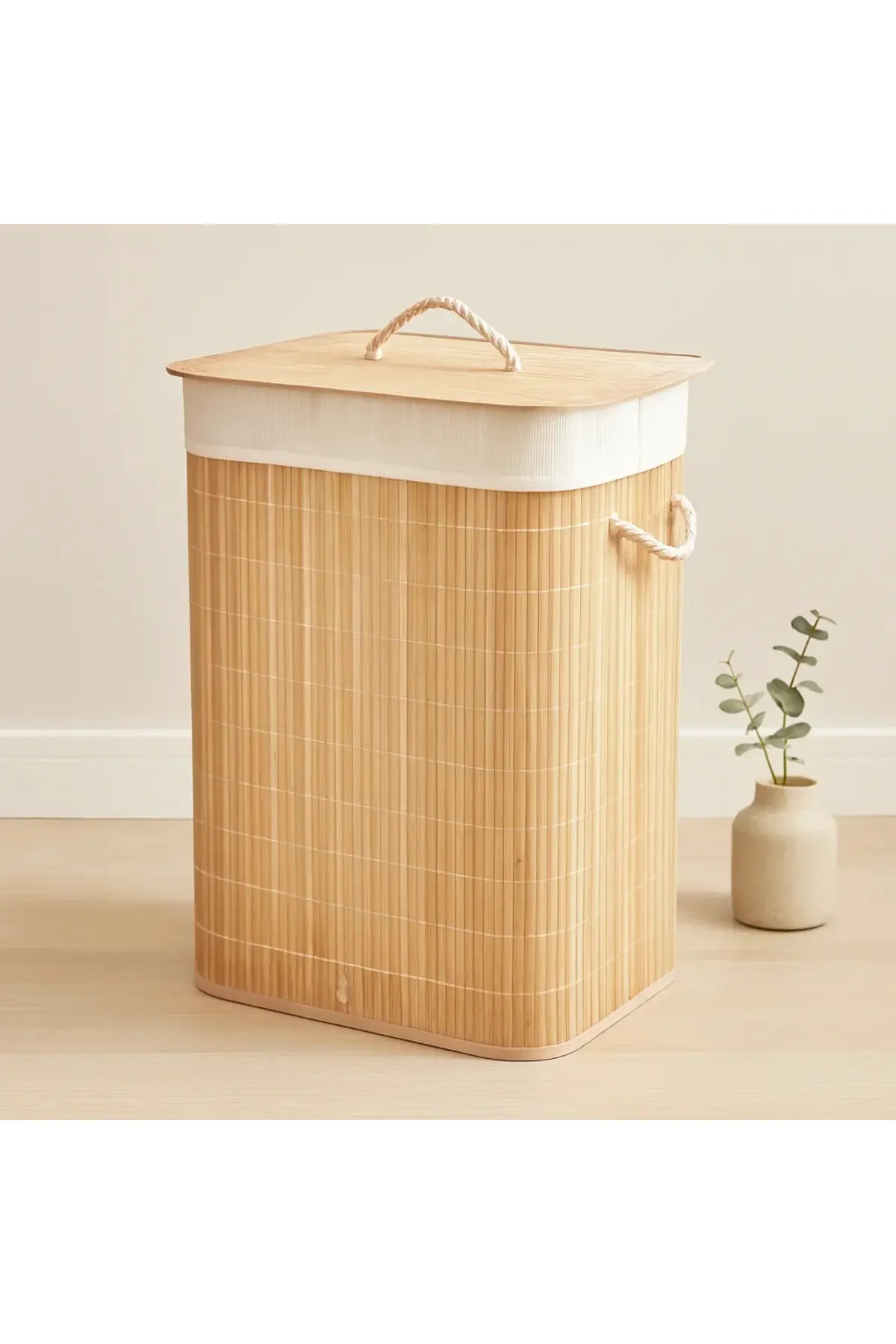 Bambu Kirli Çamaşır Sepeti 40x30x60 cm - Kapaklı İpli Kumaş Torbalı