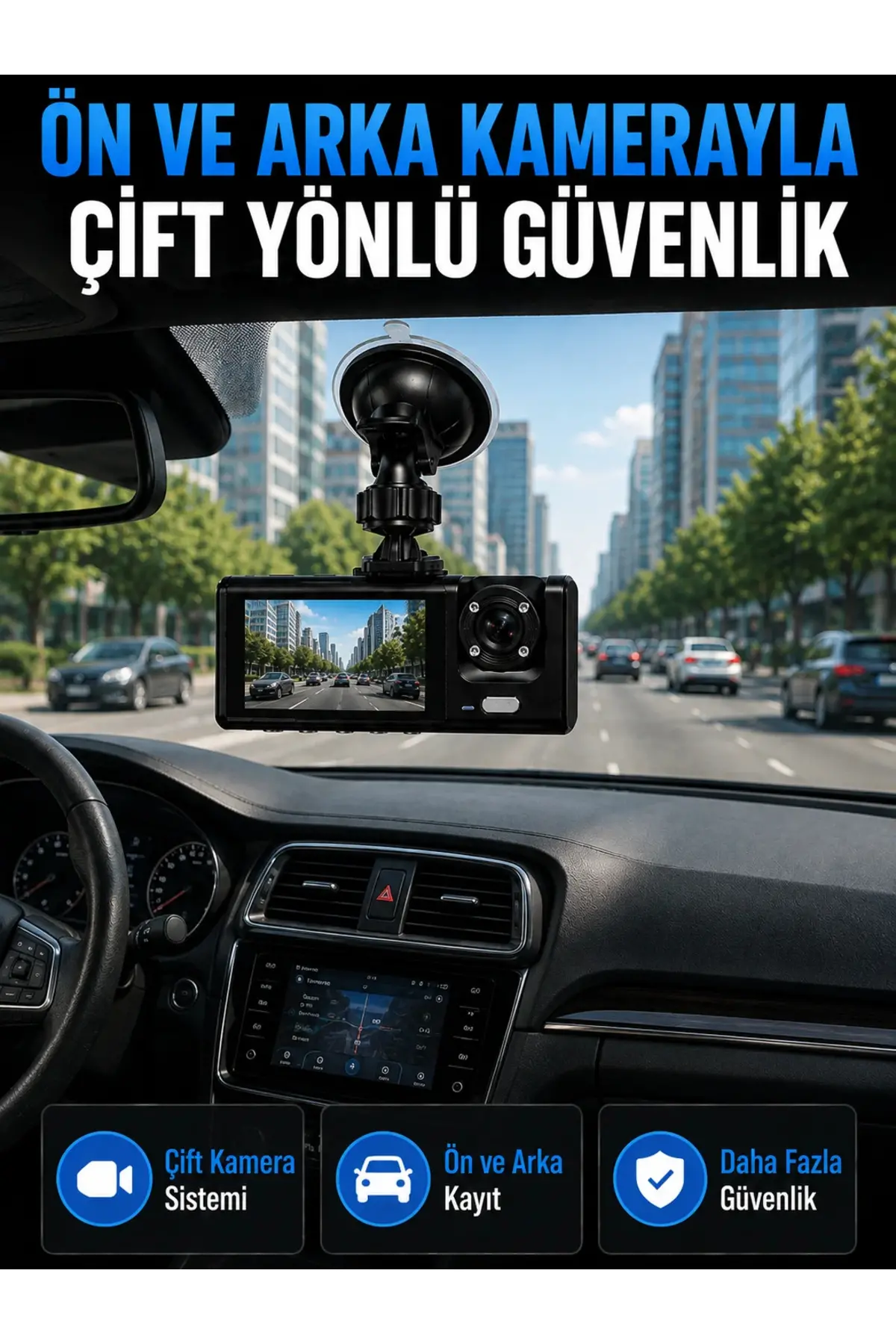 WiFi Çift Kameralı Araç İçi Kayıt Kamerası 1080P Full HD 170° Geniş Açılı Araç Kamerası