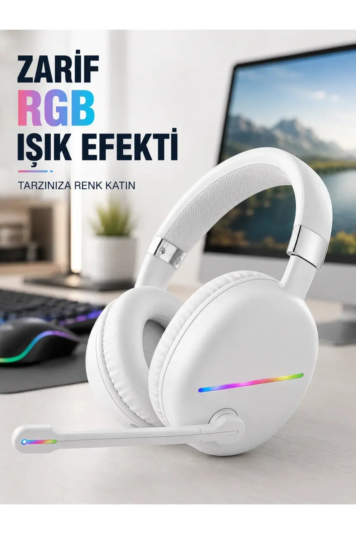 Bluetooth 5.0 Beyaz Kulak Üstü Kablosuz Kulaklık krofonlu RGB Aydınlatmalı