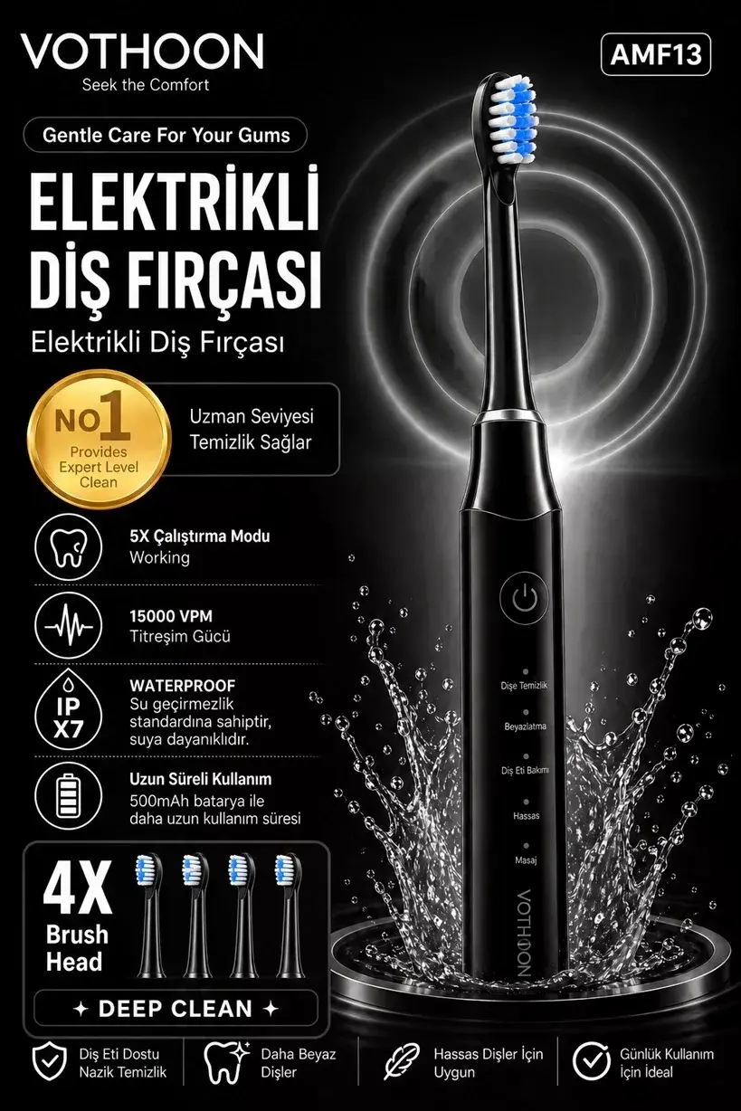 Şarjlı Diş Fırçası 15000 Vpm Titreşim Gücü, 500mah Batarya, 5 Tezlik Modu Siyah
