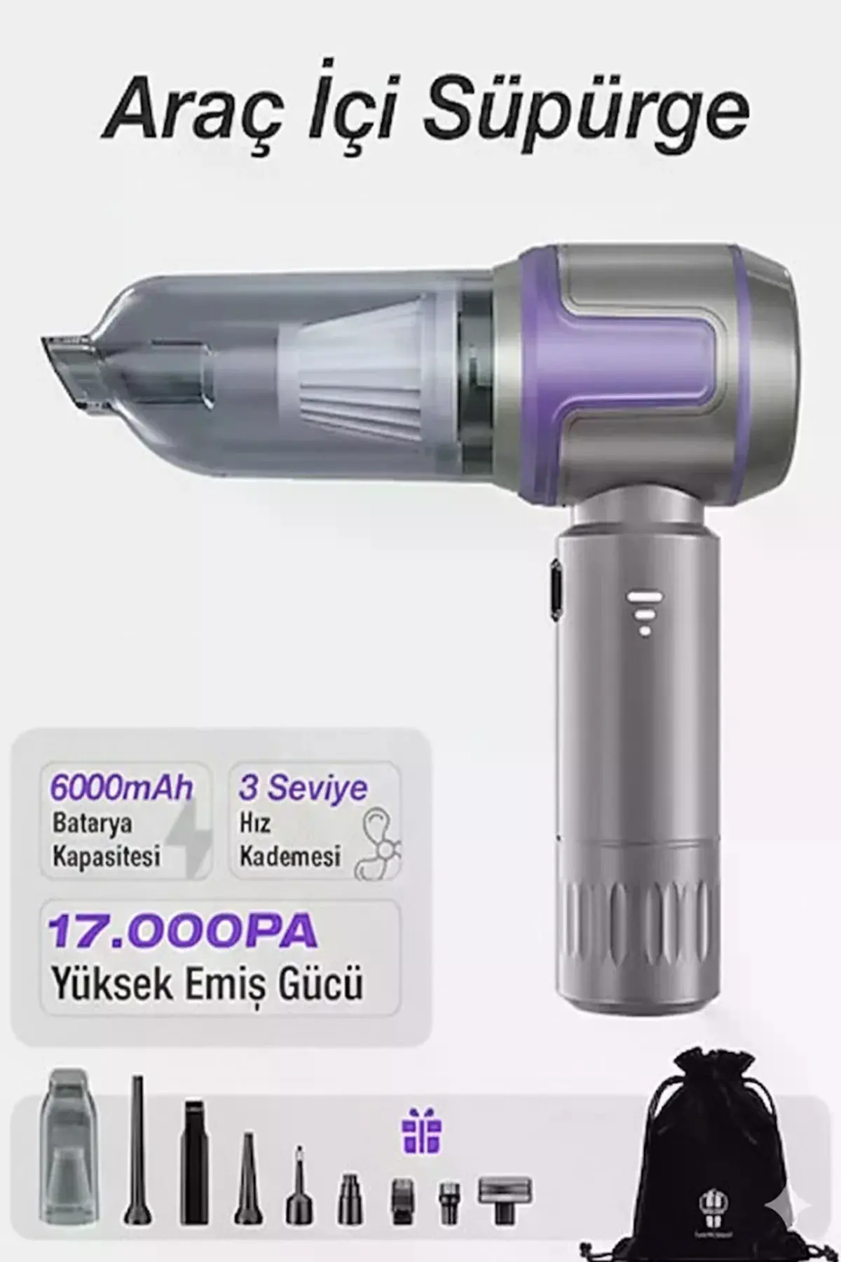 Kablosuz Taşınabilir Araç İçi El Süpürgesi 17000pa Güçlü Vakum 4’ü 1 Arada Çok Amaçlı Tezlik