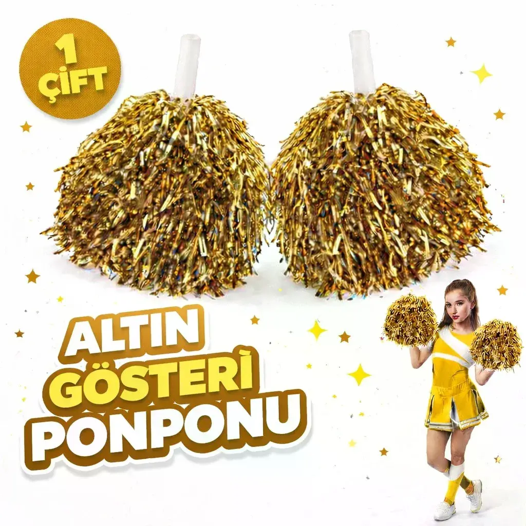 1 Çift ( 2 Adet ) Altın Renk 23 Nisan 19 Mayıs 29 Ekim Okul Gösteri Ponponları