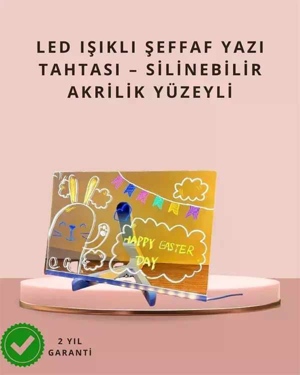 LED Işıklı Şeffaf Yazı Tahtası – Neon Etkili Akrilik Pano, Silinebilir, 7 Renkli Kalemli, 30x20 cm