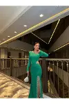 Kadın Yeni Sezon Mezuniyet Elbisesi Bisiklet Yaka Uzun Kol Abiye Elbise-2