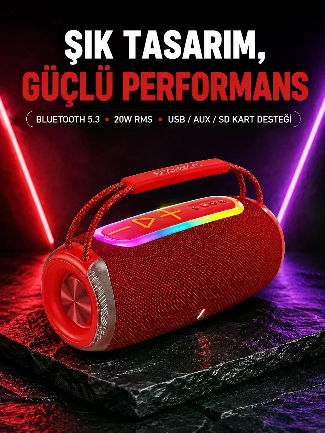 RGB LED Işıklı 20W Taşınabilir Bluetooth Hoparlör IPX6 Suya Dayanıklı