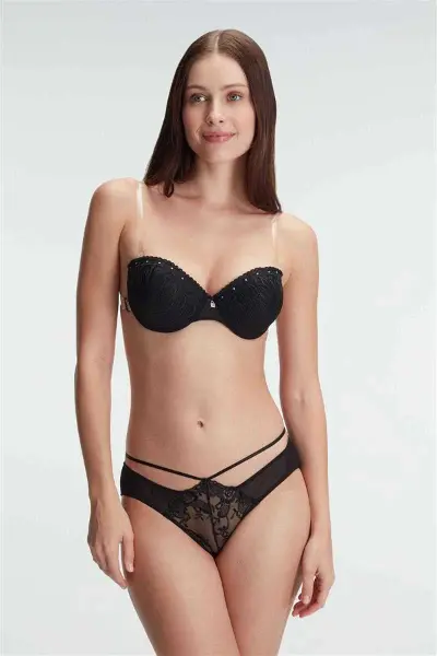 HERŞEYTREND Günlük Straplez Push-up Destekli Balenli Şeffaf Sırt Aksesuarlı Askıları Çıkabilir Bonc