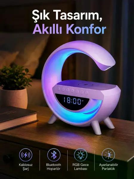Bluetooth Hoparlör 15W Kablosuz Hızlı Şarj LED Gece Lambası