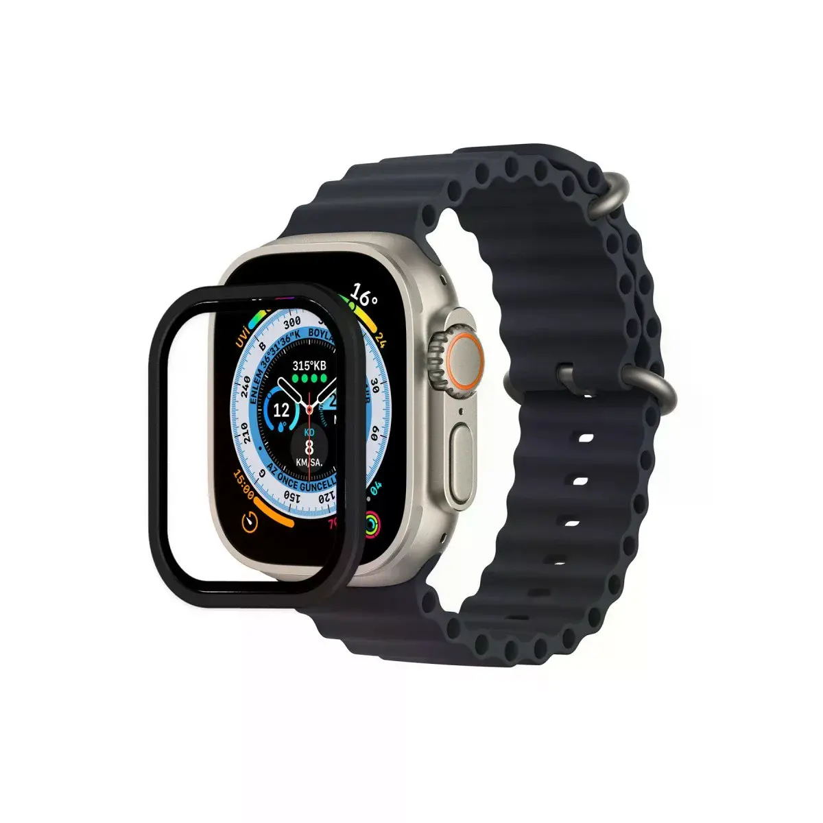 Apple Watch Ultra 49mm Alünyum Kasa Cam Ekran Koruyucu - Siyah