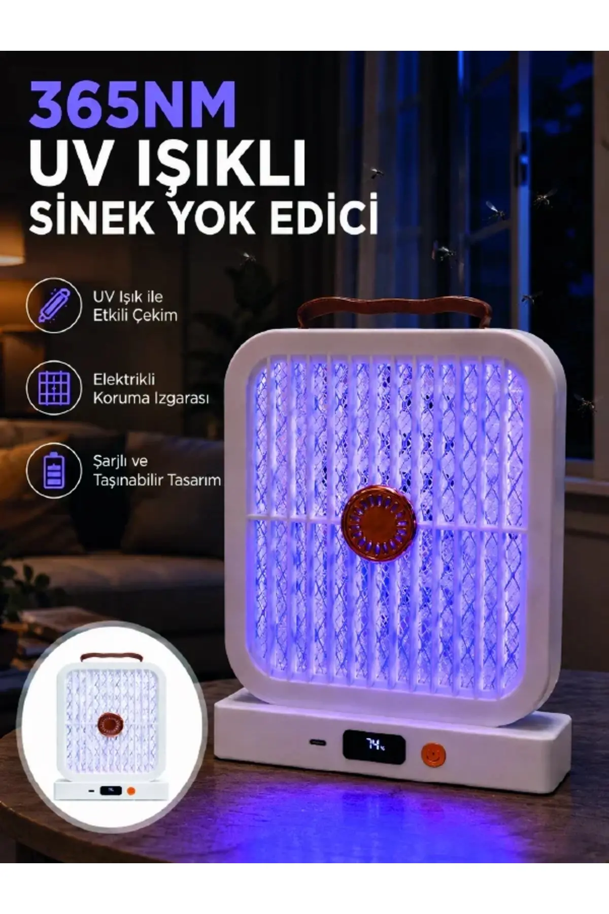 UV Işıklı Şarj Edilebilir Sinek Yok Edici Elektrikli Lamba Beyaz
