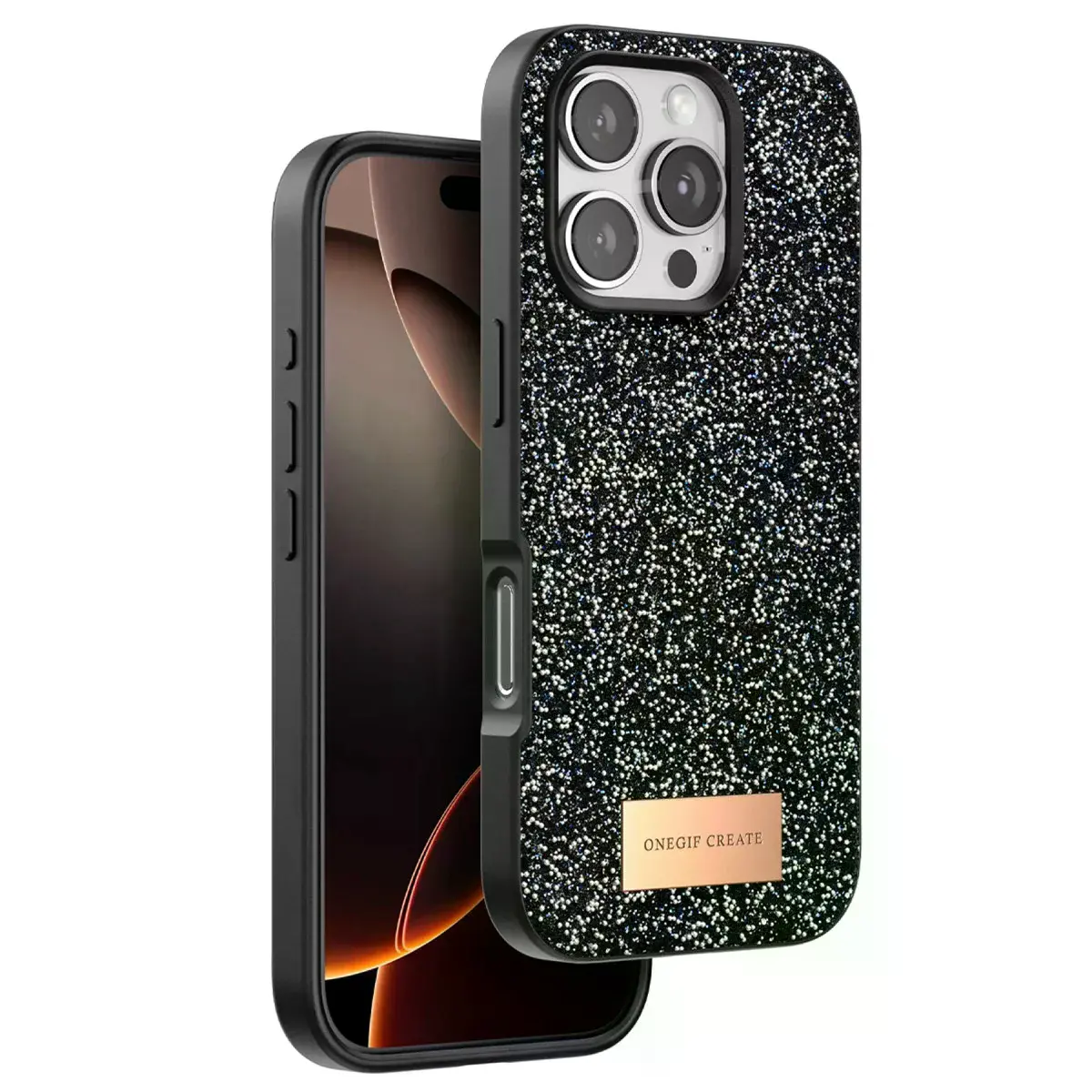 Onegif Apple İphone 16 Pro Max Bright Simli Kapak - Siyah