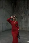 Kadın Trend Model Simli Kumaş Degaje Yaka Dekolteli Maxi Abiye Elbise-3
