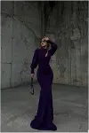 Kadın Trend Model Simli Kumaş Degaje Yaka Dekolteli Maxi Abiye Elbise-5