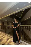 Kadın Özel Tasarım Kare Yaka Büzgülü/Fırfırlı Kol Armürlü Balık Kesim Abiye Elbise-1