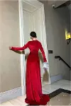 Kadın Şık Esnek Kadife Kumaş V Yaka Yırtmaçlı Abiye Elbise-3