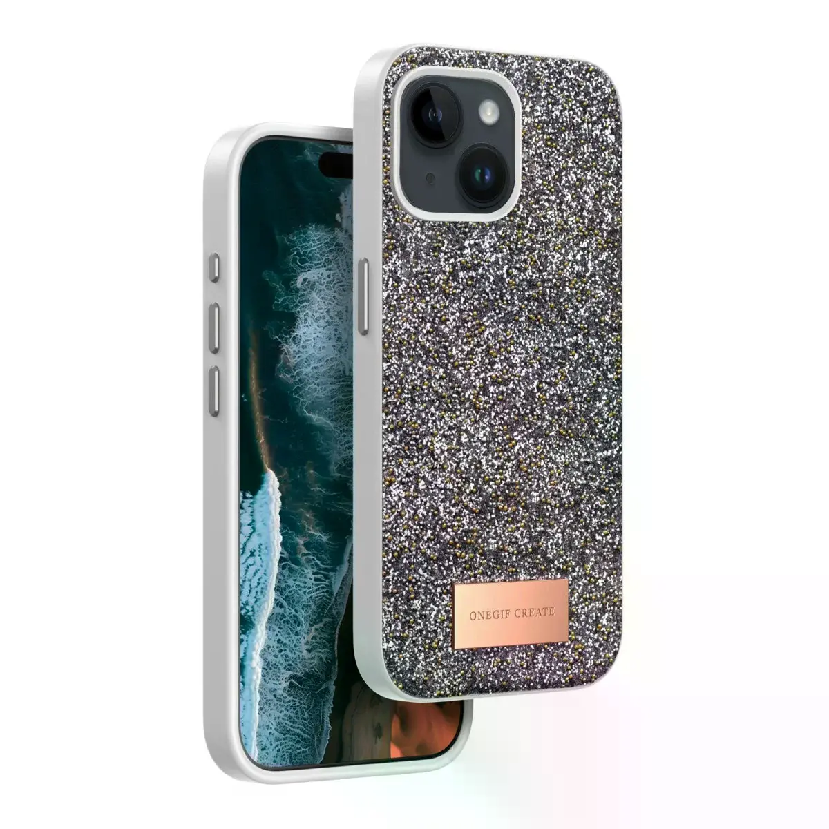 Onegif Apple İphone 15 Bright Simli Kapak - Gümüş
