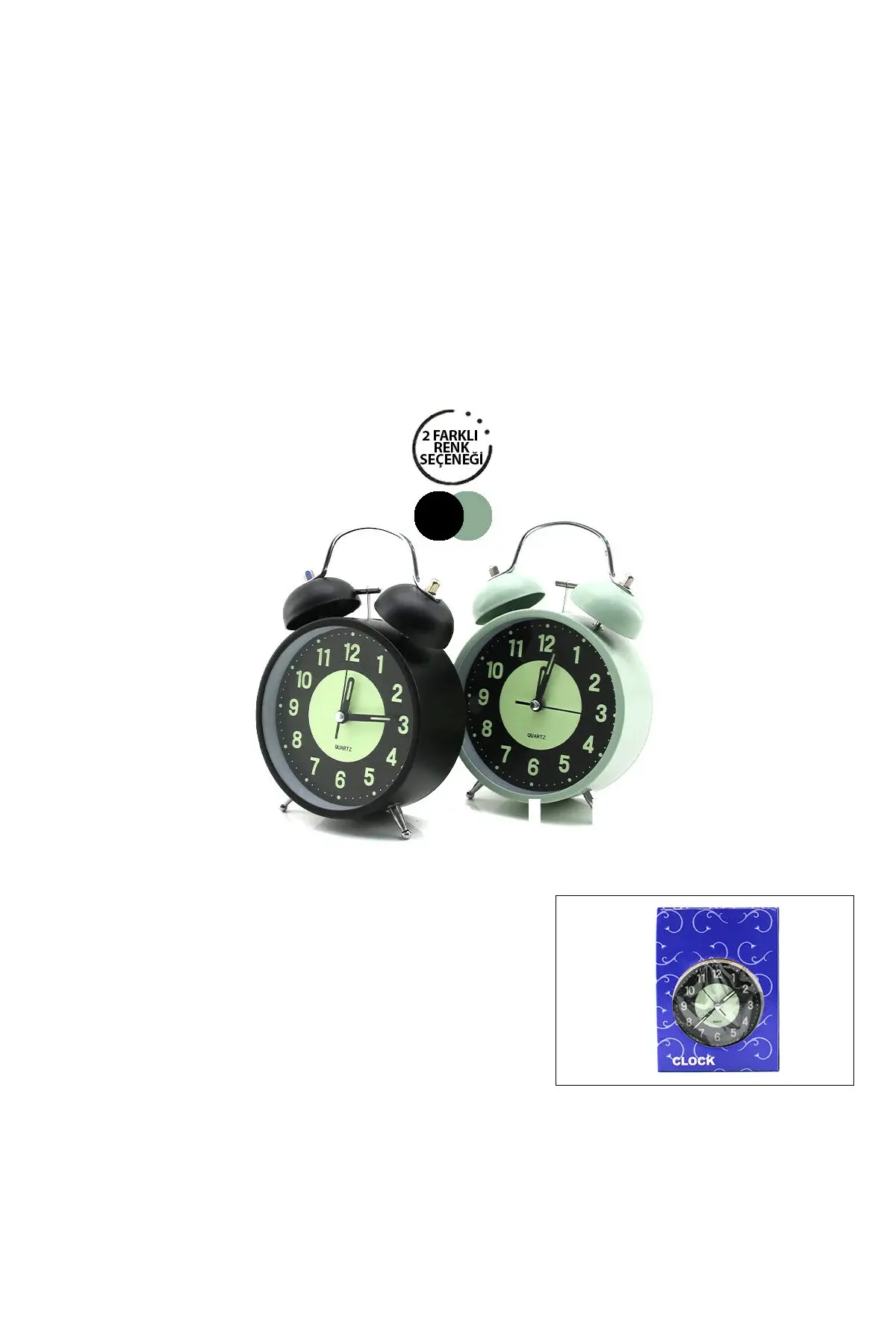Alarm Clock NO-847 Yuvarlak Masa Çalar Saat Metal Kasa Renkli Pilli - Işıklı - Fosforlu Çap: 11CM BG