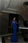 Kadın Şık Detay Tül Kumaş Dik Yaka Balık Kesim Abiye Elbise-9