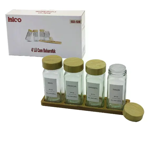 4PCS Bambu Kapaklı Cam Tuzluk - Biberlik - Baharatlık 120ML