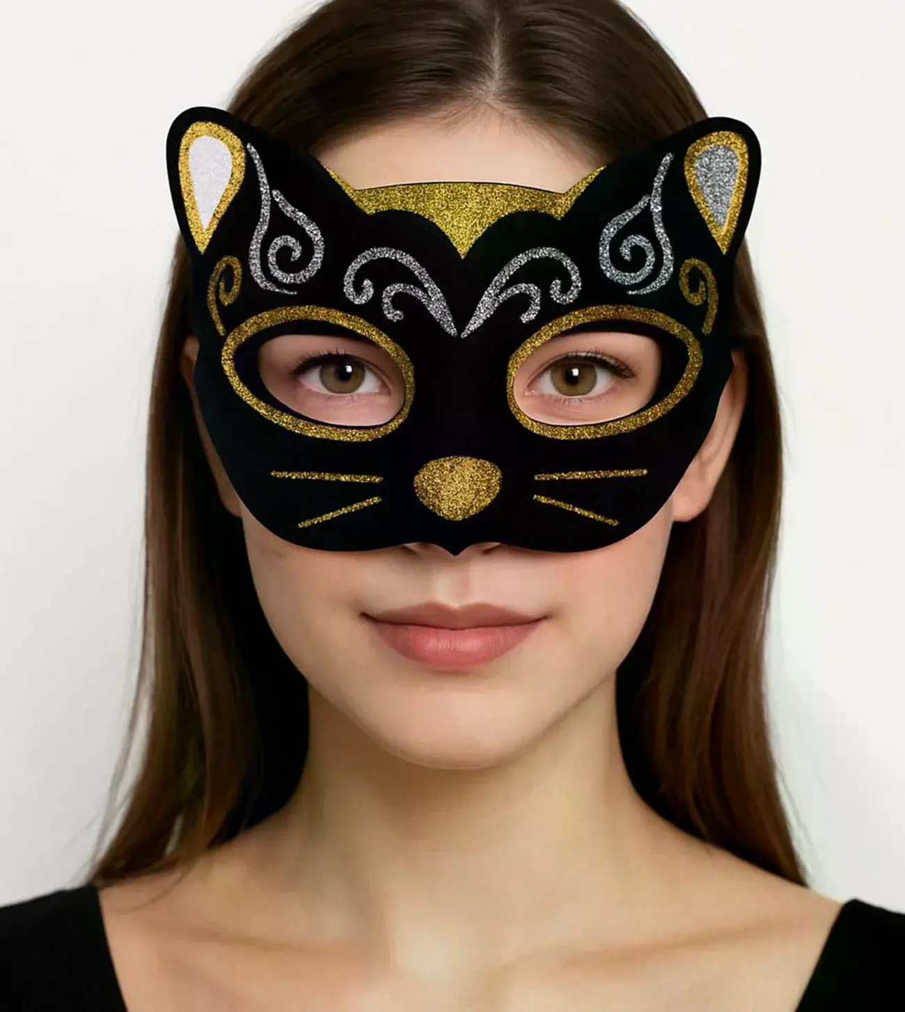Kadife Dokulu Sim Detaylı Işıltılı Kedi Maskesi Altın Gümüş 20x13 Cm