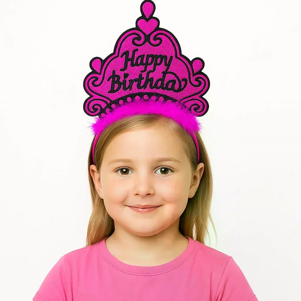 Fuşya Happy Birthday Prenses Tacı – Doğum Günü Taç Aksesuarı