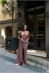 Kadın Trend Saten Kumaş Kalp Yaka Yırtmaçlı Maxi Abiye Elbise-2