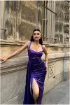 Kadın Trend Saten Kumaş Kalp Yaka Yırtmaçlı Maxi Abiye Elbise-5