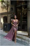 Kadın Trend Saten Kumaş Kalp Yaka Yırtmaçlı Maxi Abiye Elbise-1