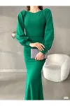 Kadın İnce İşçilik Bisiklet Yaka Balon Kol Krep Kumaş A Kesim Maxi Abiye Elbise-2