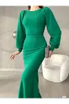 Kadın İnce İşçilik Bisiklet Yaka Balon Kol Krep Kumaş A Kesim Maxi Abiye Elbise-1