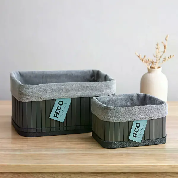 Kare Organizer Sepet - Bambu Kenarlı, Ahşap Taban, Bezli - 18x21 cm