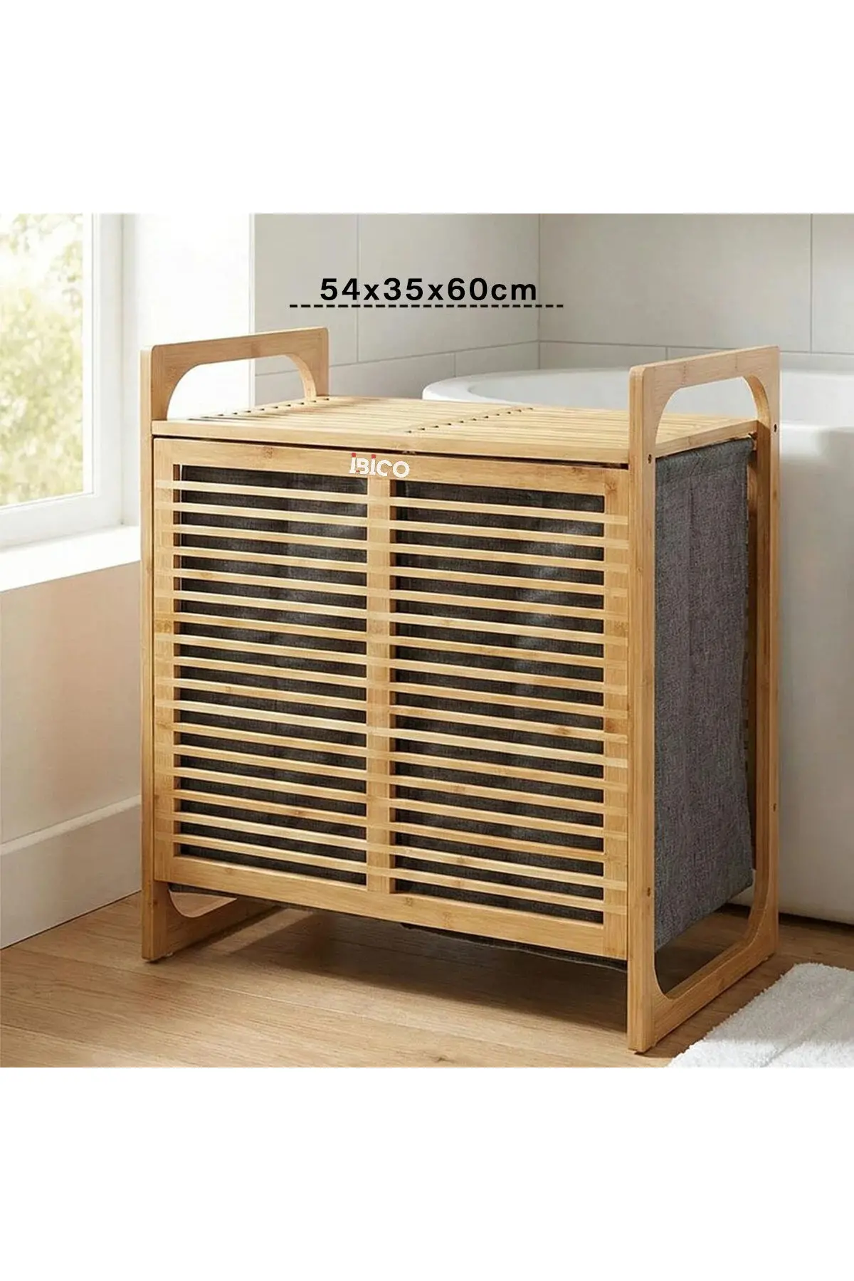Kalın Ahşap Bambu 2 Bölmeli Kirli Çamaşır Sepeti Kumaş Çantalı SEPET=54X35X60CM
