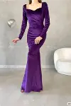 Kadın Kare Yaka Balık Kesim Uzun Kollu Abiye Elbise-3