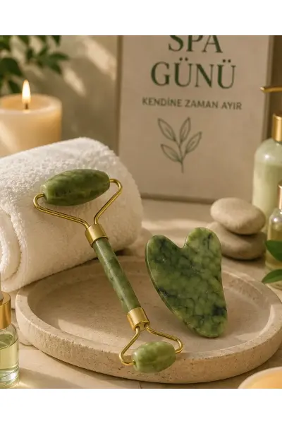 Jade Stone Yüz Bakım Seti Gua Sha ve Roller Masaj Taşı