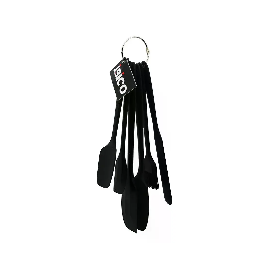 6PCS Silikon - Siyah Mutfak Seti 2 Kaşık - 3 Spatula - Yumurta Fırça Metal Asma Halkalı