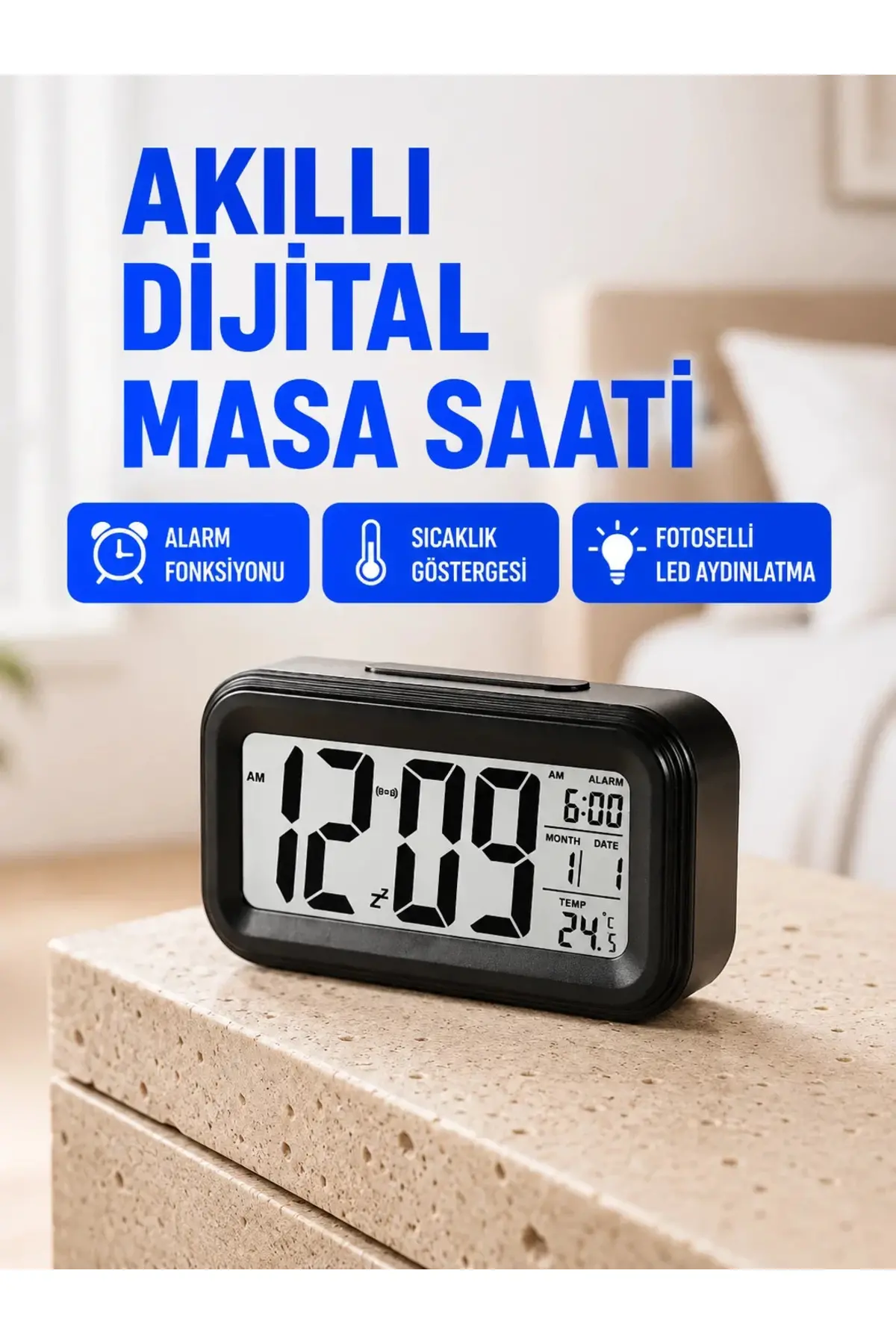 Fotoselli Dijital Masa Saati Aydınlatmalı Alarm ve Tarih Göstergeli