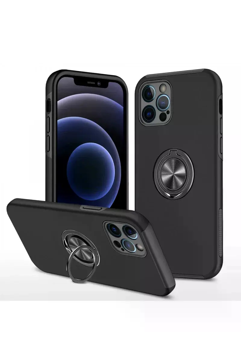 Apple iPhone 12 Pro Kılıf Elit Yüzüklü Kapak - Siyah
