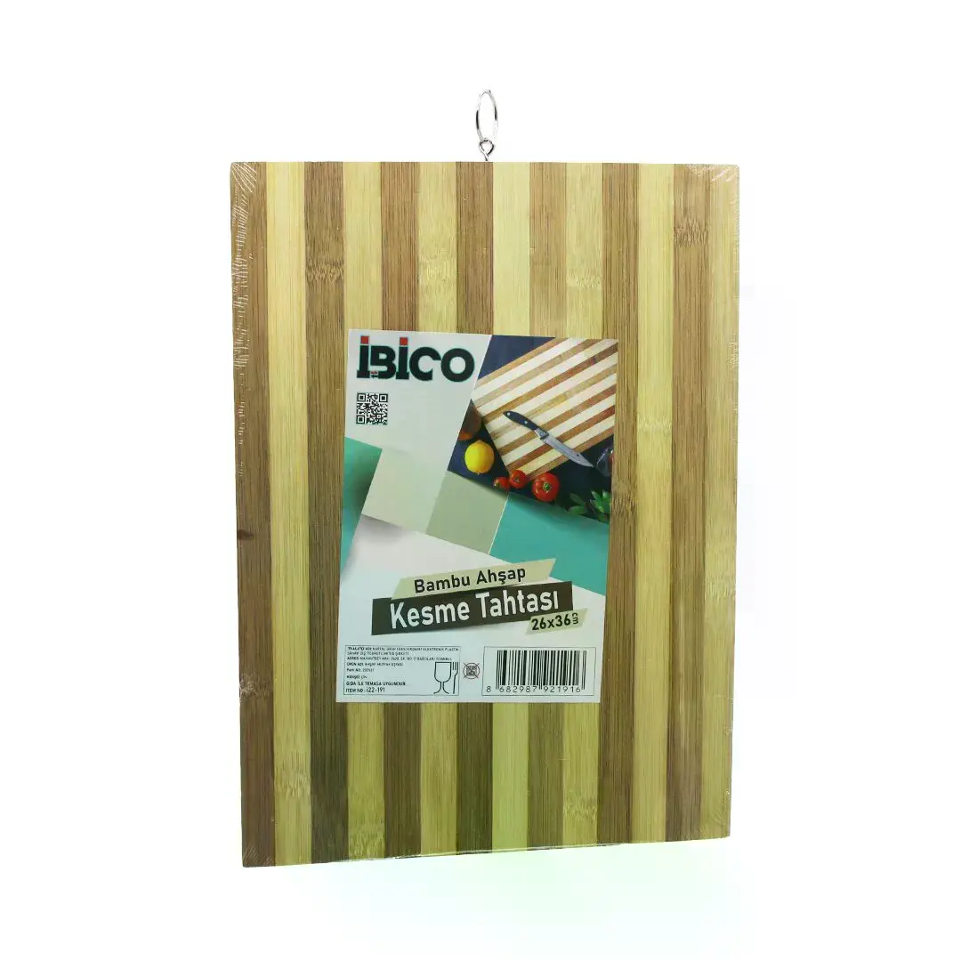 Beyaz Çizgili Ahşap Bambu Kesim Panosu - Kesme Tahtası Metal Kulplu 26 X 36 X 1.4CM