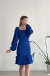 Kadın Kare Yaka Büzgülü Uzun Kollu Abiye Elbise-7