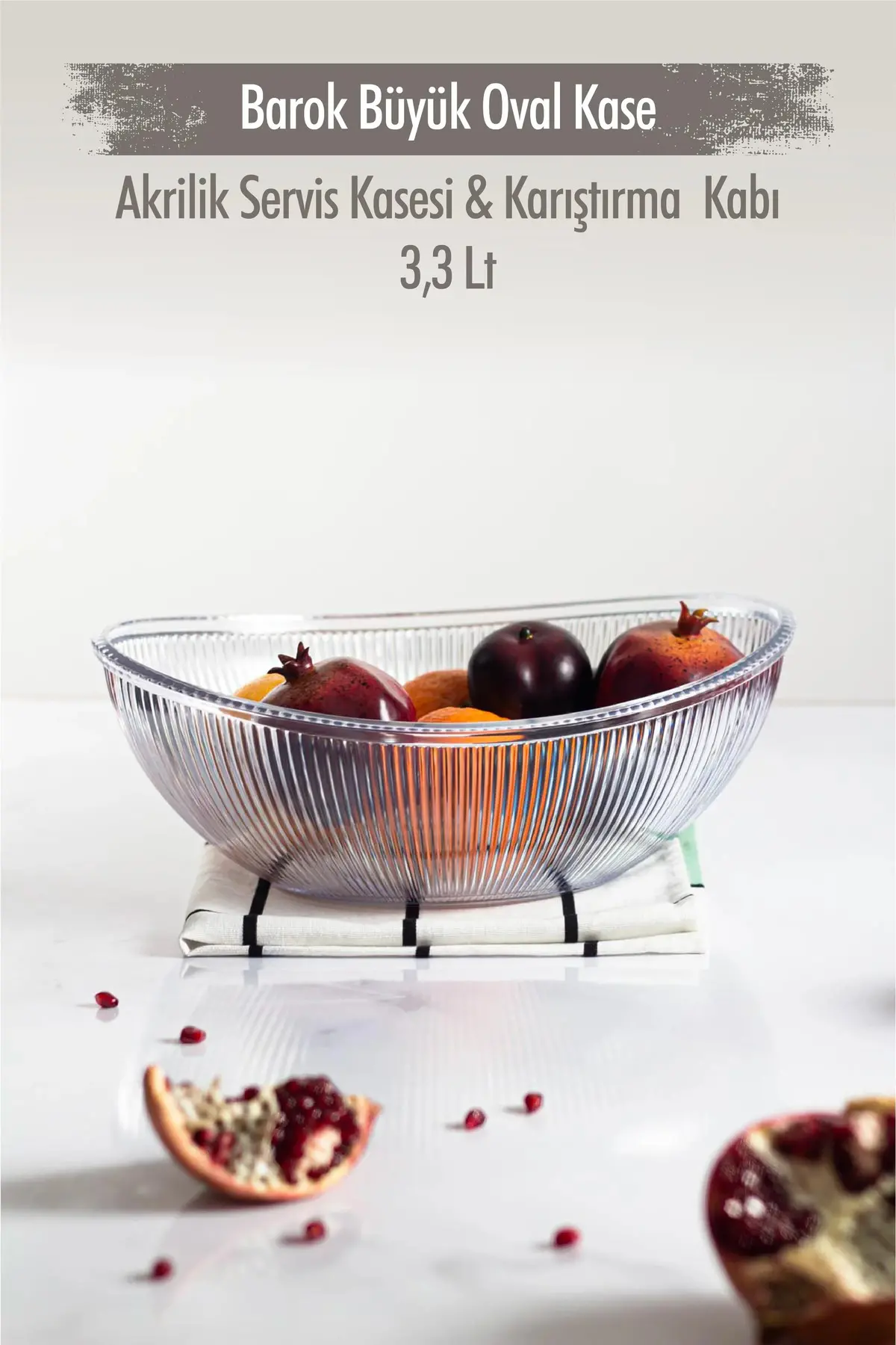 Akrilik Barok Şeffaf Büyük Oval Meyve & Salata Kasesi & Karıştırma Kabı / 3,3 Lt (CAM DEĞİLDİR)