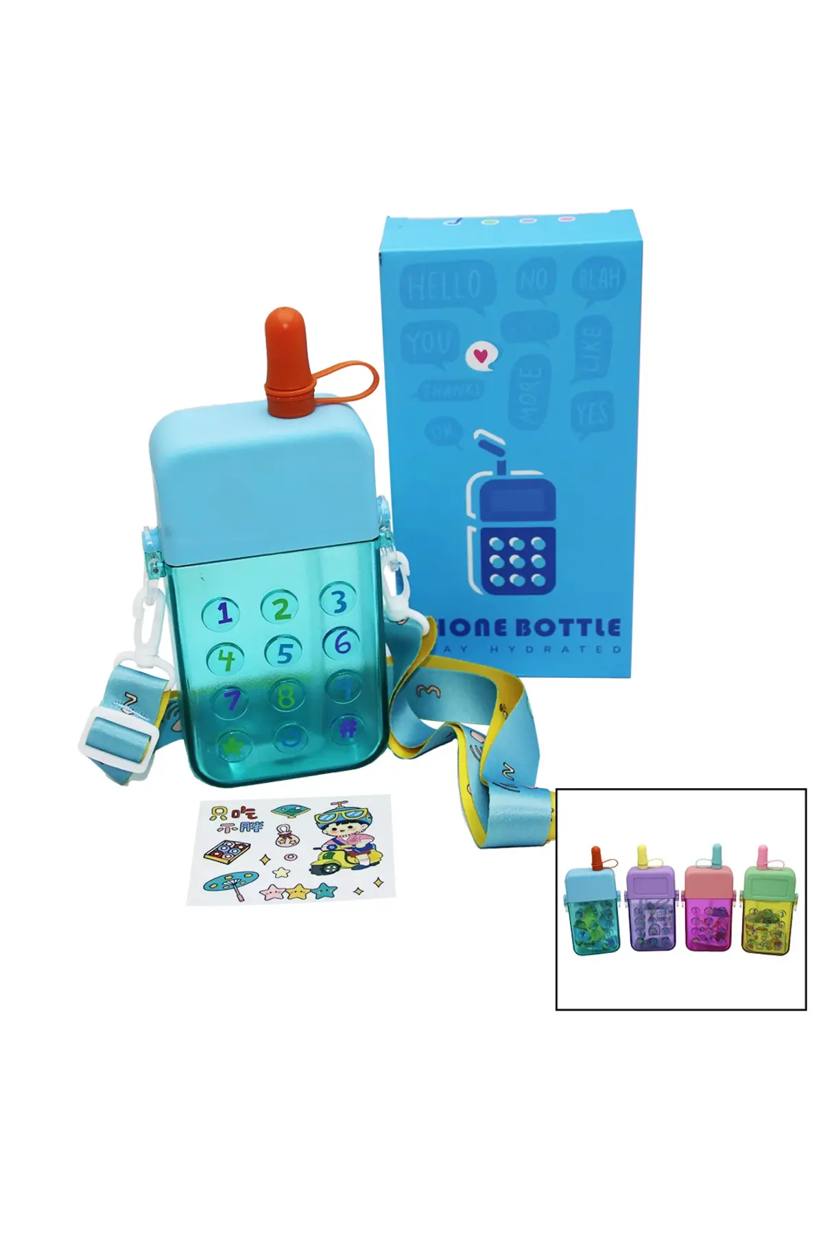 Telefon Modeli Renkli Mika Kristal Suluk Matara Pipetli - Vidalı Kapak - Askılı 300ML