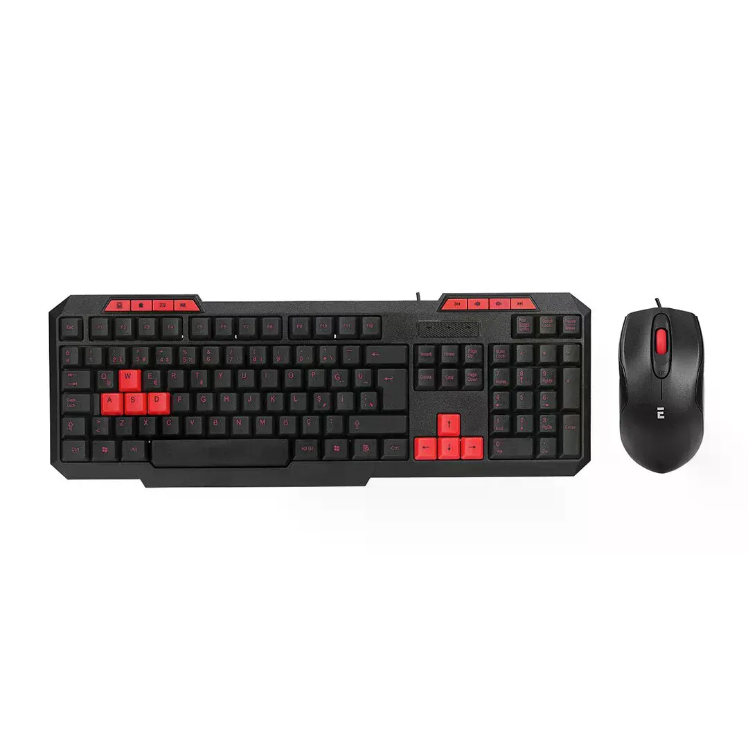 Usb Kablolu Klavye - Mouse Set Kırmızı Tuşlu Q Klavye 1600DPI Mouse