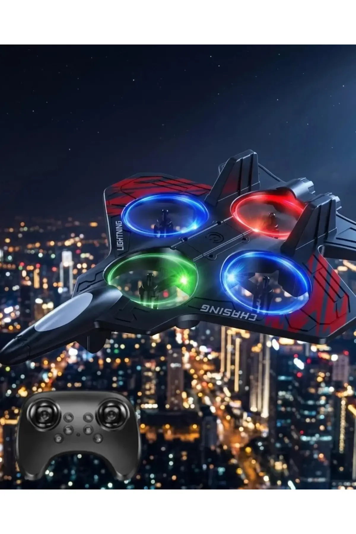 LED Işıklı Uzaktan Kumandalı Drone Fighter Jet Tasarımlı 360 Derece Dönebilen Oyuncak Uçak