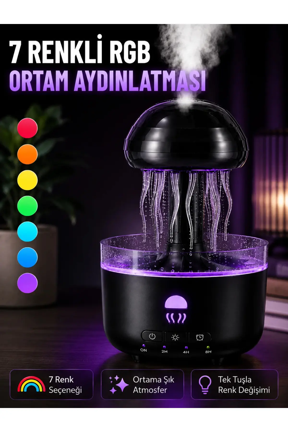 Dekoratif Denizanası Efektli Hava Nemlendirici RGB Gece Lambalı Ultrasonik Buhar Cihazı