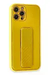Apple iPhone 12 Pro Kılıf Coco Karbon Standlı Kapak - Sarı-2