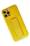 Apple iPhone 12 Pro Kılıf Coco Karbon Standlı Kapak - Sarı-3
