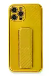 Apple iPhone 12 Pro Kılıf Coco Karbon Standlı Kapak - Sarı-1
