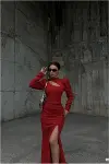 Kadın Şık Tasarım Esnek Simli Kumaş Degaje Yaka Büzgülü Abiye Elbise-2